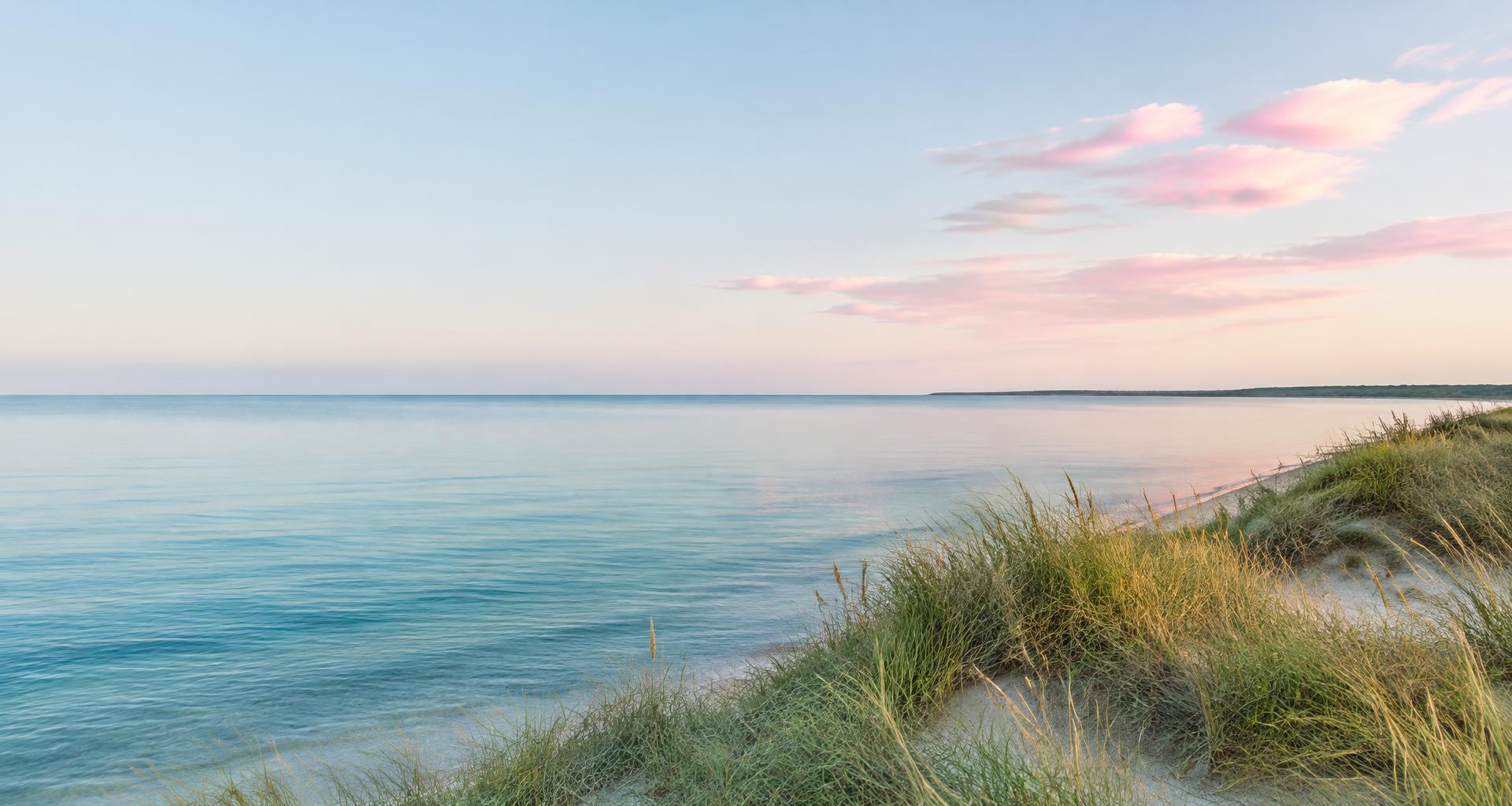 Stilla hav och strandgräs i mjukt skandinaviskt ljus